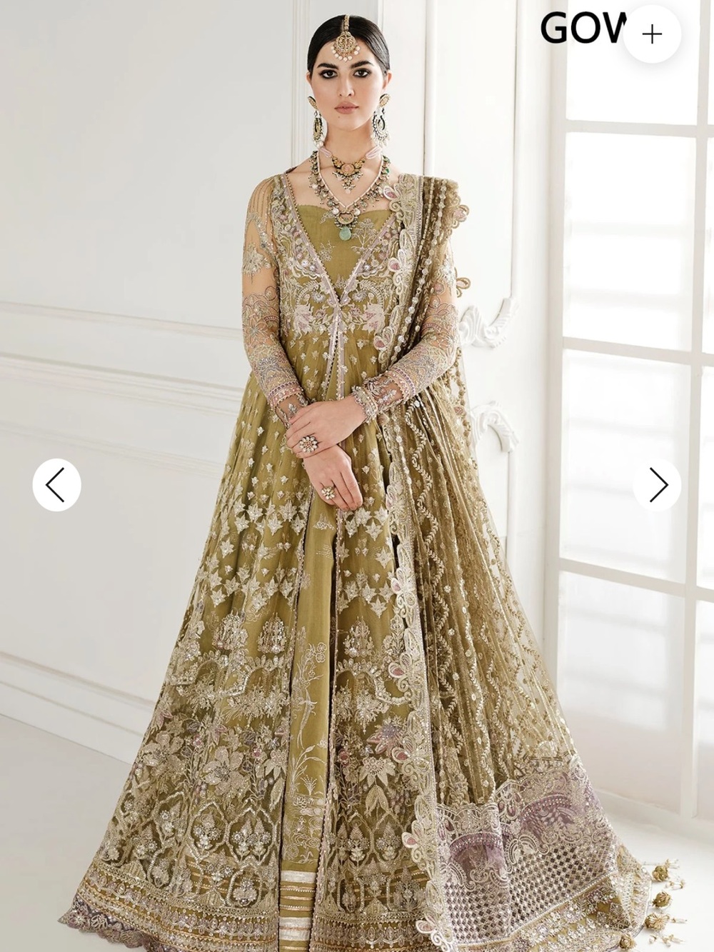 Embroidered Olive Green Long Sleeve Indian Wedding Formal Dress